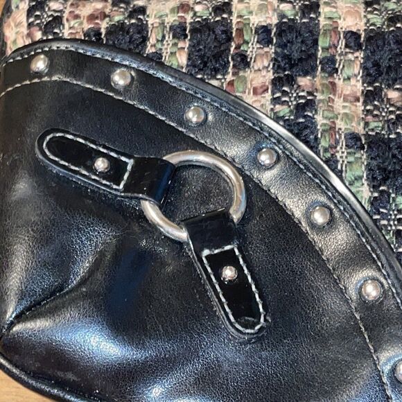 MaggiB Shoulder Purse Black Brown Green Plaid Tweed Snap Close Faux Leather Trim - Picture 6 of 16